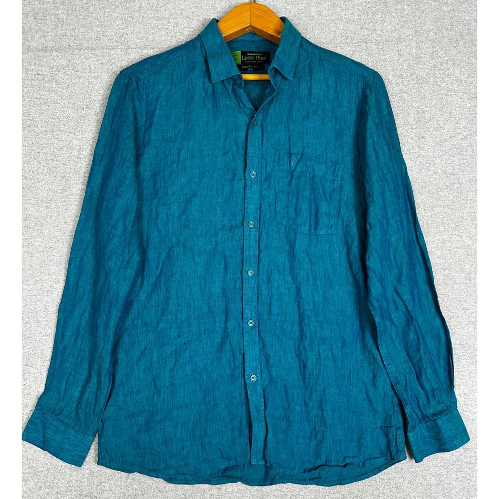 Ramraj Linen Park Shirt Mens Medium 40cm Teal Blue Pure Linen Smart Fit 5605